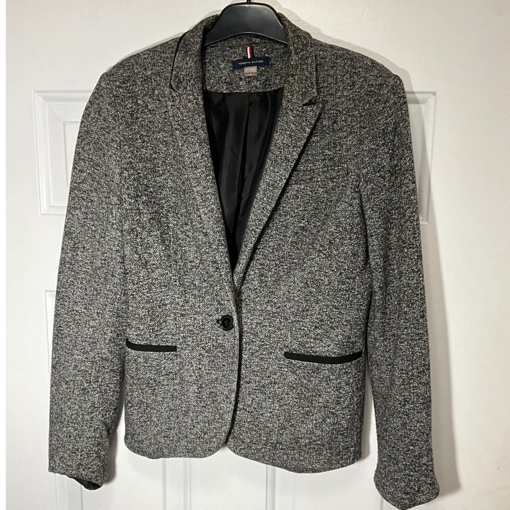 Tommy Hilfiger Womens Grey Marled Knit Blazer Elbow Patches Size 4